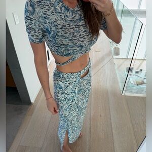 Agua Bendita Blue Marble-Print Cutout Maxi Skirt Set